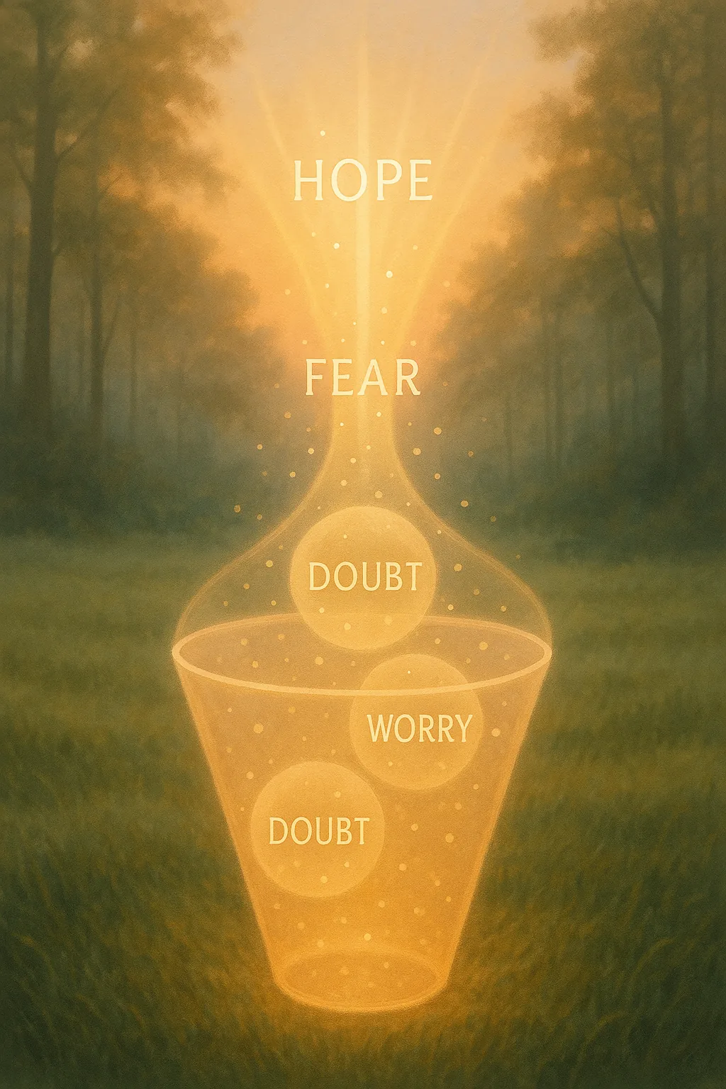 Sunrise container holding fear, doubt, and worry, with hope and calm rising, symbolizing emotional balance during fertility preparation