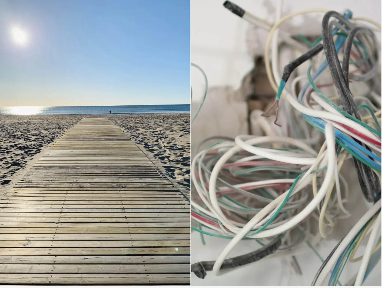 Split image showing a clear wooden path leading to the ocean beside tangled wires, symbolizing clarity versus mental overload during the fertility journey